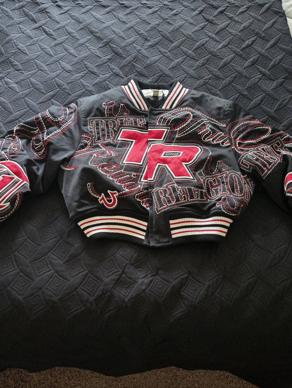 COMPLETELY NEW!!! True Religion Black Jacket with Red Logo and White Trim
